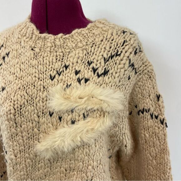 Vintage Brown Wool Chunky Knit Sweater with Rabbit Fur Patch Retro Style M/L - Picture 3 of 8